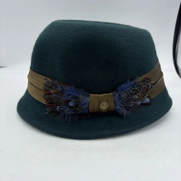 Goorin Bros Fedora Hat Womens Size Medium M 4 Dark Green w Ribbon and Feather - Picture 1 of 8
